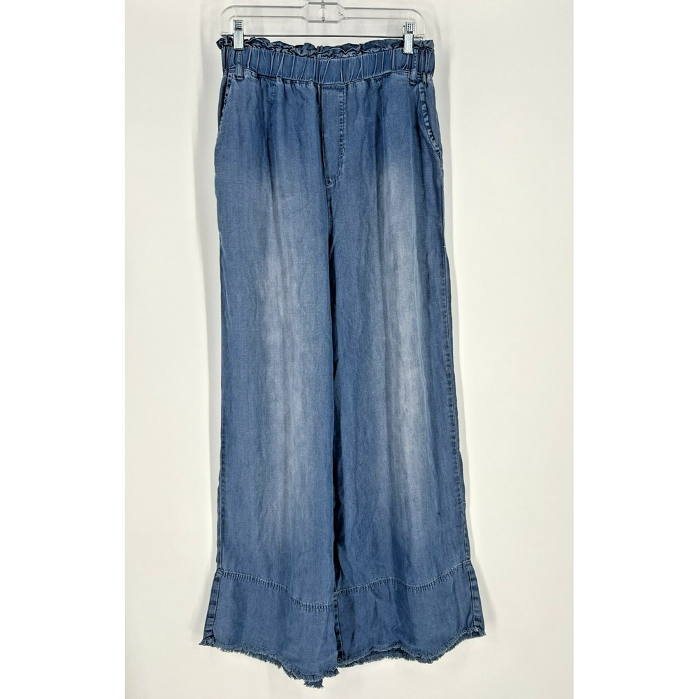 Women's Size Large Lyocell Denim Wide Leg Pull On Pants Raw Hem Comfort